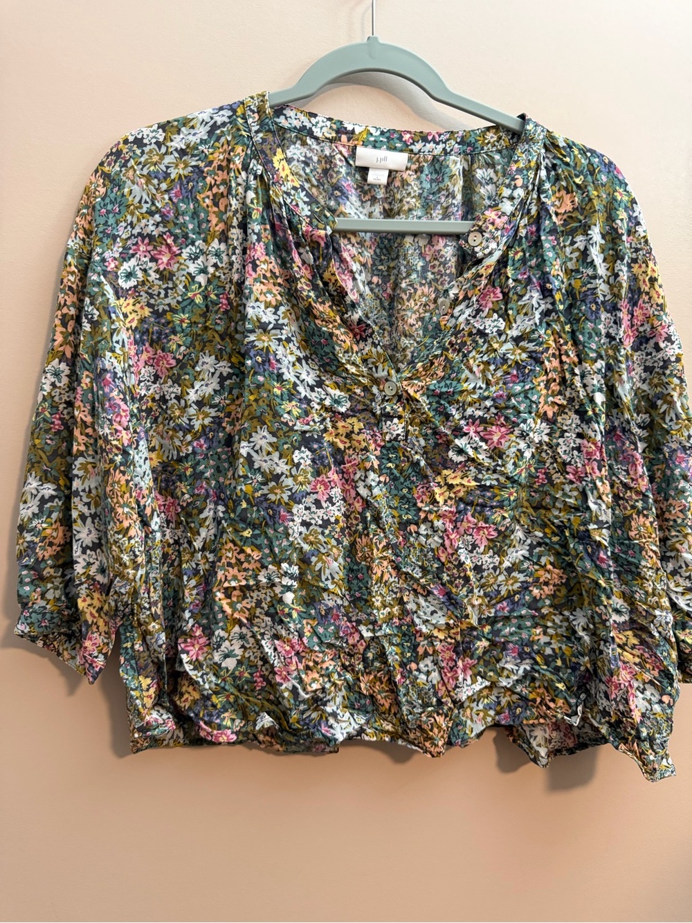 J. Jill Floral Button-Front Blouse in Green, Pink, White and Yellow